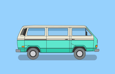 Detailed retro, vintage, travel, camper van, on white background. Roud badge vintage van car. Round...