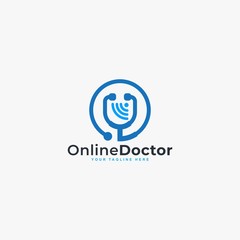 Doctor online virtual services logo design vector. Consultation to doctors via digital remote illustration symbol. Tele medicine service vector logo. Stethoscope and signal vector icons.