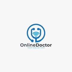 Obraz premium Doctor online virtual services logo design vector. Consultation to doctors via digital remote illustration symbol. Tele medicine service vector logo. Stethoscope and signal vector icons.