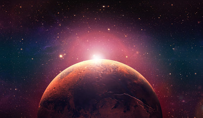 Mars the red planet. Sunset on mars.  Red planet in the space full of stars. - obrazy, fototapety, plakaty