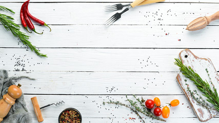 Cooking banner. Spices and herbs. Top view. Free copy space.