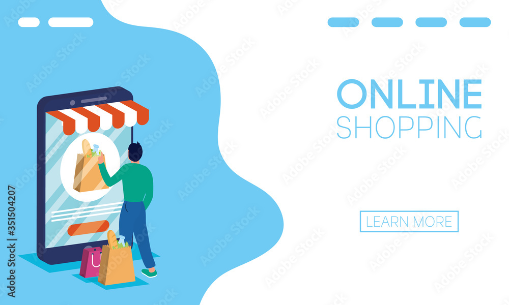 Poster man using shopping online tech in smartphone