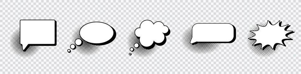 Retro empty comic speech bubbles set with black halftone shadows. Vintage design, pop art style - stock