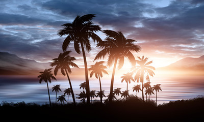 Night landscape with palm trees, against the backdrop of a neon sunset, stars. Silhouette coconut palm trees on beach at sunset. Vintage tone. Futuristic landscape. Neon palm tree. Tropical sunset.