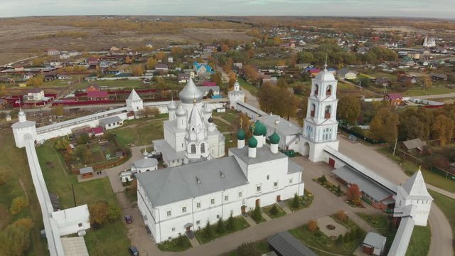 Nikitsky Monastery and lake Pleshcheyevo in Pereslavl-Zalessky, Yaroslavl oblast, Russia. Aerial footage 4k
