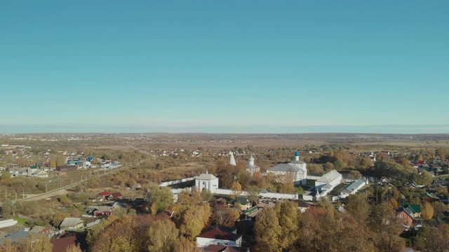 Holy Trinity Danilov Monastery in Pereslavl-Zalessky, Yaroslavl oblast, Russia. Aerial footage 4k