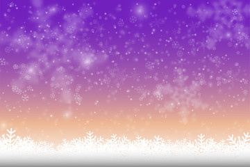 Obraz premium Winter Snowfall and snowflakes violet and orange gradient background. Cold winter Christmas and New Year background. Vector illustration.