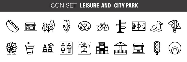 CITY PARK AND LEISURE line icons, signs set, vector. City parks outline concept, illustration: city,park,tree,delandscape,flat