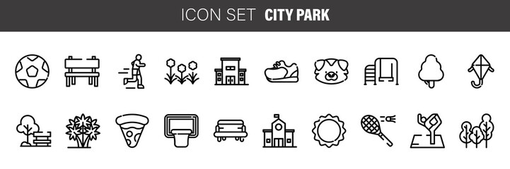 CITY PARK AND LEISURE line icons, signs set, vector. City parks outline concept, illustration: city,park,tree,delandscape,flat
