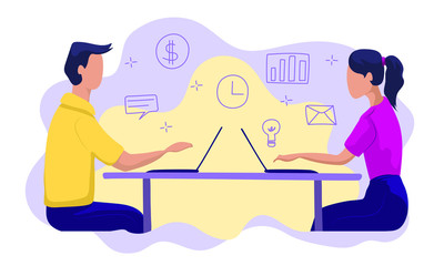 Fototapeta premium Man and woman work at laptops. Flat vector people together at the desktop on a background of symbols.