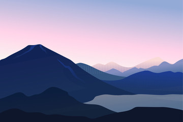 Peaceful landscape lake in the mountains at dawn in soft colors. Travel vector illustrations.