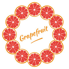 Round frame with sliced pieces of grapefruit. Bright wreath of citrus fruits. Decoration for text. Stock vector illustration. Ideas for modern designs of banners, cards, menus, print, packaging.