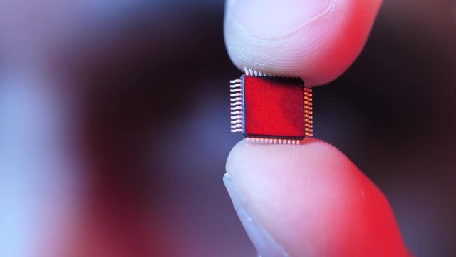 Man holding microchip in a hand
