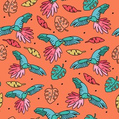 Vector seamless pattern - bright summer, tropical background. Cartoon parrots. Print for paper and textiles. - 351513623