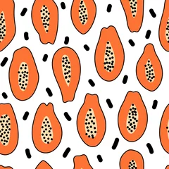 Foto auf Leinwand Hand drawn seamless pattern with papaya on white background. Vector illustration.  Trendy texture for print, textile, packaging, banner, wallpaper. © Anastasia