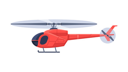 Helicopter Aircraft, Flying Red Chopper Air Transportation Flat Vector Illustration