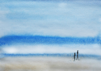 Fototapeta na wymiar watercolor nature and landscape of summer and ocean and couple of people 