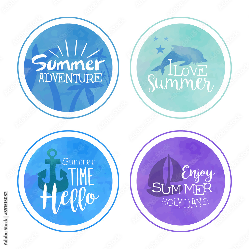 Sticker Hello Summertime, Summer Adventure Lables Set Hand Lettering, Enjoy Holidays Vector Illustration