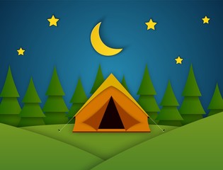 Paper cut summer night landsape. Landscape with yellow tent, forest on the background. Adventures in nature, vacation, and tourism vector illustration.