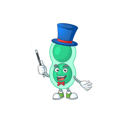 Talented green streptococcus pneumoniae Magician cartoon mascot design style