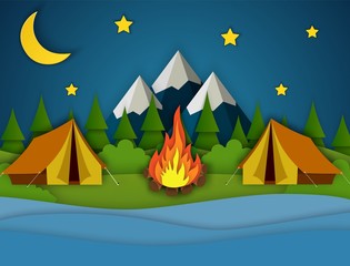Paper cut summer night landsape. Landscape with yellow tent, forest and mountains on the background. Adventures in nature, vacation, and tourism vector illustration.