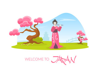 Obraz na płótnie Canvas Japanese Girl in Traditional Kimono Dress Standing in Front of Beautiful Japan Jandscape Vector Illustration