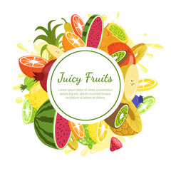 Juicy Fruits Banner Template, Fresh Bright Splashing Fruit and Berries of Round Shape with Space for Text Vector Illustration