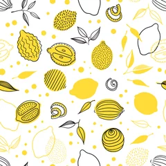 Papier peint Citrons Modèle tropical sans couture avec des citrons jaunes et des tranches de citron. Motif de citrons dessinés à la main sur fond blanc. Arrière-plan répété de fruits. Impression lumineuse vectorielle pour tissu, papier peint, design, papier de fête.