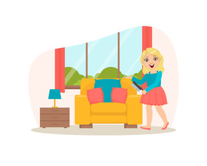 Obraz na płótnie Canvas Cute Girl Cleaning Armchair with Brush, Child Doing Household Chores Vector Illustration