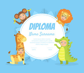 Colorful Diploma Template for Kids with Place For Your Text, Preschool, Kindergarten Children Certificate with Cute Animals Bright Vector Illustration