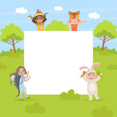 Obraz na płótnie Canvas Cute Forest Animals with Blank Banner, Cute Kids in African Animals Costumes Standing Next to the Blank Signboard Vector illustration