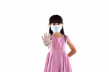 Child girl wearing gloves and masks on a white background. Prevent protection from infection covid-19 or coronavirus.