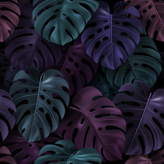 Panele Szklane  Tropikalne kolorowe liście Monstera na ciemnym tle. Wzór. Realistyczna ilustracja 3D na tekstylia, styl hawajski, tapety, witryny, karty, projektowanie stron internetowych. Wektor powtarzająca się tekstura botaniczna