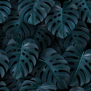 Vector tropical illustration with green leaves monstera on dark background. Realistic seamless pattern for textile, hawaiian style, wallpaper, sites, card, fabric, web design. Exotic botanical texture