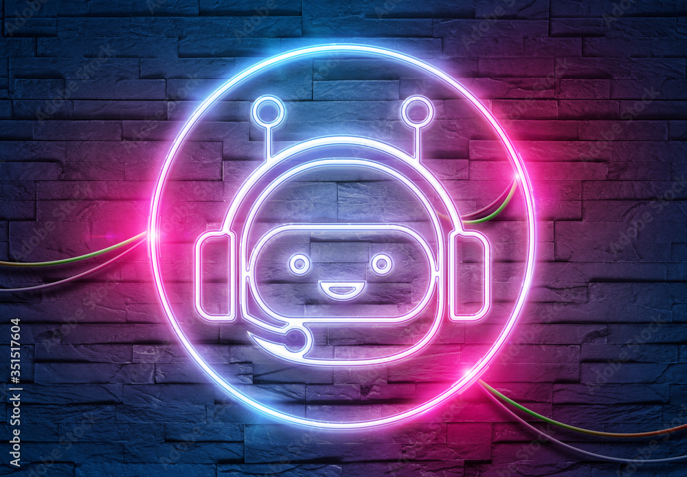 Poster chatbot neon icon illuminating a brick wall with blue and pink glowing light 3d rendering