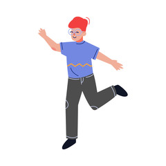 Fototapeta na wymiar Teenager Boy Happily Jumping, Emotional Schoolboy Wearing Casual Clothes and Glasses Having Fun Vector Illustration