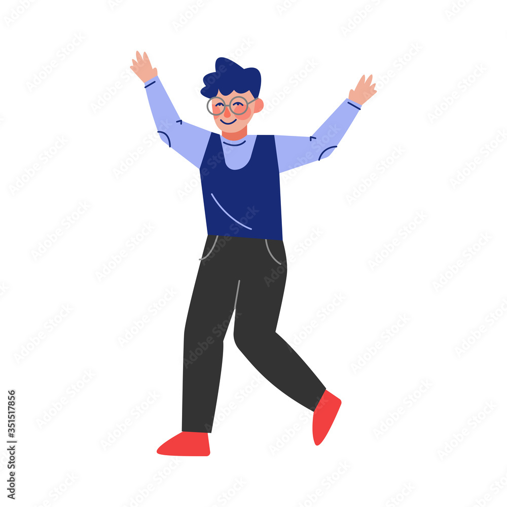 Sticker Teen Boy Happily Jumping, Excited Schoolboy Having Fun Vector Illustration