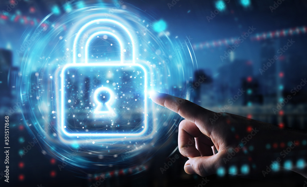 Aufkleber Man using digital web protection blue holographic interface 3D rendering