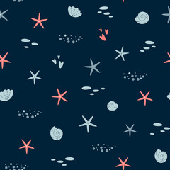 Sea boy pattern. Dark blue kids fish seamless pattern. Marine nautical background. Sea fish, stars seashells underwater