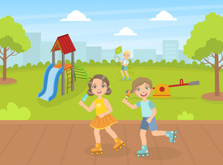 Obraz na płótnie Canvas Boy and Girl Skating on Rollerblades in the Park, Cute Kids Having Fun on Playground Vector Illustration