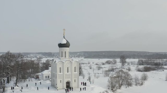 Winter drone footage of Church of the Intercession on the Nerl in Bogolubovo. Sights of the Golden Ring of Russia