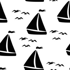 Vector illustration. Seamless pattern with seagulls and sailboats on a white background.