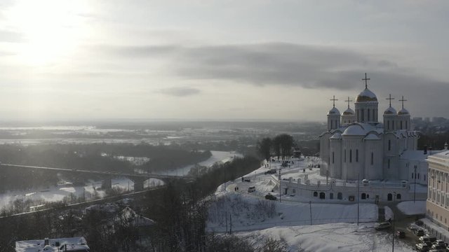 Aerial drone footage of Assumption Cathedral in Vladimir city at sunset. Sights of the Golden Ring of Russia