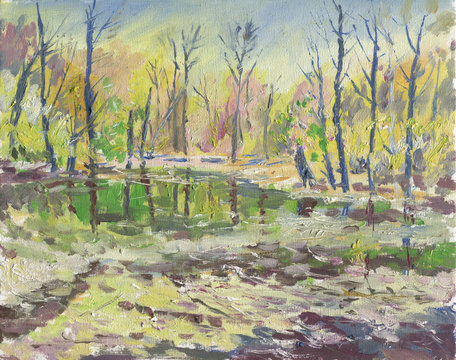 pond in spring during flood painting