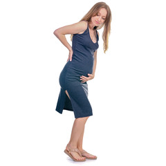 Pregnant woman backache on white background isolation