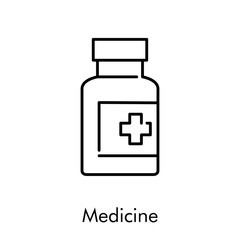 Icono plano lineal bote de medicina en color negro