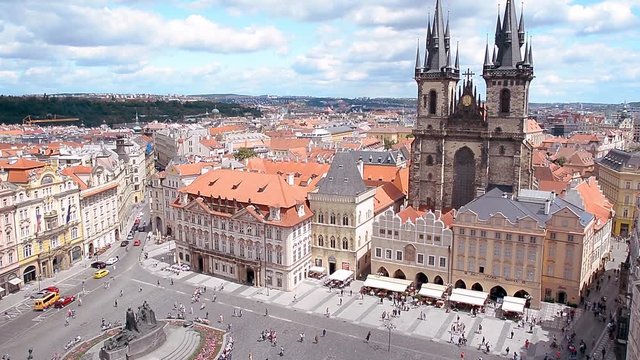 PRAGUE, CZECH REPUBLIC, JULY 6,2016: Aerial shot of Old Town Square, a historic square in the Old Town quarter of Prague, the capital of the Czech Republic. 