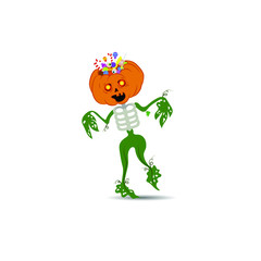 Halloween vector illustration. Candy-stuffed pumpkin head on a white background. Pumpkin skeleton with leaves instead of arms and legs.