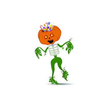 Halloween vector illustration. Candy-stuffed pumpkin head on a white background. Pumpkin skeleton with leaves instead of arms and legs.