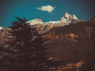 View of the Kinnaur-Kailash range in the Himalayas from Kalpa, Himachal